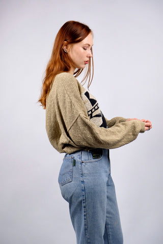 Leichter 80s/90s Pullover aus Baumwollmischung in Beige mit Rundhalskragen und tollem Boho-/Aztekenmuster vorn – wir empfehlen den Pullover einer heutigen XL bis XXL, unisex tragbar und ideal für größere Körpergrößen
