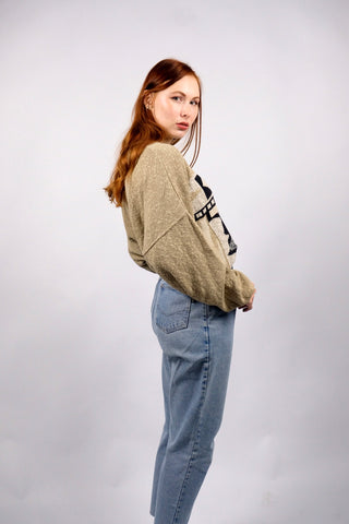 Leichter 80s/90s Pullover aus Baumwollmischung in Beige mit Rundhalskragen und tollem Boho-/Aztekenmuster vorn – wir empfehlen den Pullover einer heutigen XL bis XXL, unisex tragbar und ideal für größere Körpergrößen