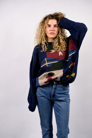 80s/90s Pullover mit Rundhalskragen und abstrakt-geometrischem Muster in Dunkelblau, Blau, Dunkelrot, Dunkelgrün/Oliv, Senf und Beige/Creme – Größe XL und unisex tragbar – ein absolutes Highlight