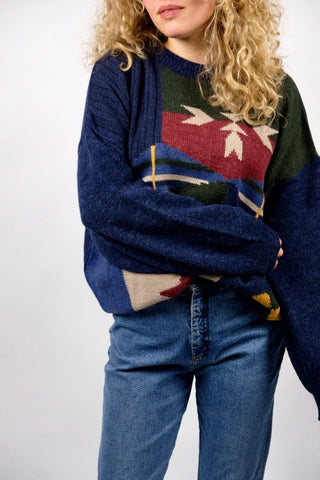 80s/90s Pullover mit Rundhalskragen und abstrakt-geometrischem Muster in Dunkelblau, Blau, Dunkelrot, Dunkelgrün/Oliv, Senf und Beige/Creme – Größe XL und unisex tragbar – ein absolutes Highlight
