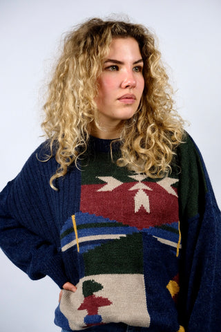 80s/90s Pullover mit Rundhalskragen und abstrakt-geometrischem Muster in Dunkelblau, Blau, Dunkelrot, Dunkelgrün/Oliv, Senf und Beige/Creme – Größe XL und unisex tragbar – ein absolutes Highlight