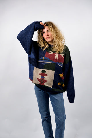 80s/90s Pullover mit Rundhalskragen und abstrakt-geometrischem Muster in Dunkelblau, Blau, Dunkelrot, Dunkelgrün/Oliv, Senf und Beige/Creme – Größe XL und unisex tragbar – ein absolutes Highlight
