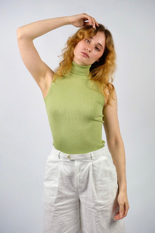 Hellgrünes 90s Rollkragen-Top aus reiner Seide mit gerippter Struktur, enganliegender Schnitt und elastisch – ideal für eine XS oder schmale S und ein hochwertiges Basic Highlight