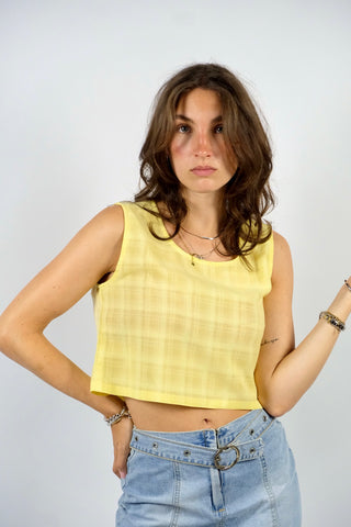 Bauchfreies 90s Top in hellem Gelb mit zartem Karomuster – von uns gecropped – tragbar von XS bis S