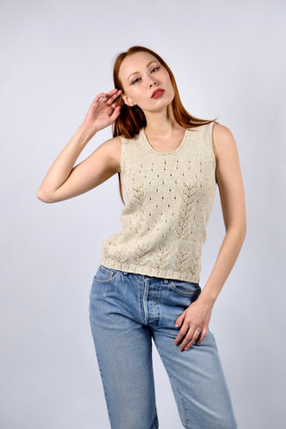 Vintage 90s Baumwolle Stricktop Beige meliert - XS
