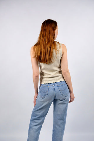 Vintage 90s Baumwolle Stricktop Beige meliert - XS