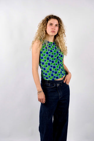 Figurbetontes Tanktop aus den späten 90s made in Canada – mit geometrischem Strukturmuster aus Samt – passend für XS bis S und ein absolutes Highlight