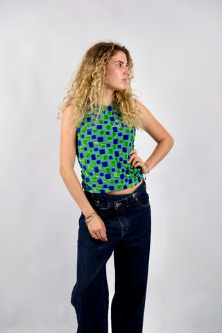 Figurbetontes Tanktop aus den späten 90s made in Canada – mit geometrischem Strukturmuster aus Samt – passend für XS bis S und ein absolutes Highlight
