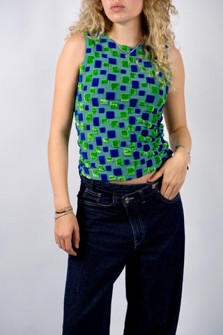 Figurbetontes Tanktop aus den späten 90s made in Canada – mit geometrischem Strukturmuster aus Samt – passend für XS bis S und ein absolutes Highlight