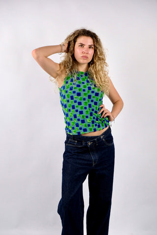 Figurbetontes Tanktop aus den späten 90s made in Canada – mit geometrischem Strukturmuster aus Samt – passend für XS bis S und ein absolutes Highlight
