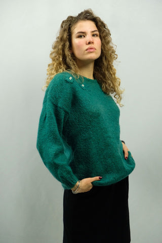 Blaugrüner handmade 80s Pullover mit floralen Perlenstickereien – hochwertige Qualität aus (vermutlich Mohair-)wolle und lockerer Schnitt mit leichten Ballonärmeln, ideal für eine XS oder kleine S – ein Unikat und absolutes Highlight