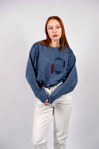 Blau melierter 90s Pullover mit Wollanteil, lockerer Schnitt mit Rundhalskragen und geometrischem Muster – unisex tragbar: Herrengröße S/M, für Damen empfehlen wir den Pullover einer M bis L je nach gewünschter Passform (bitte Maße beachten)