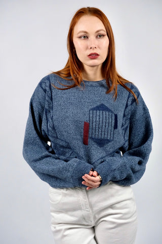 Blau melierter 90s Pullover mit Wollanteil, lockerer Schnitt mit Rundhalskragen und geometrischem Muster – unisex tragbar: Herrengröße S/M, für Damen empfehlen wir den Pullover einer M bis L je nach gewünschter Passform (bitte Maße beachten)