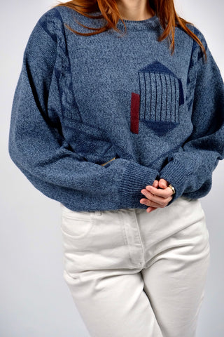 Blau melierter 90s Pullover mit Wollanteil, lockerer Schnitt mit Rundhalskragen und geometrischem Muster – unisex tragbar: Herrengröße S/M, für Damen empfehlen wir den Pullover einer M bis L je nach gewünschter Passform (bitte Maße beachten)