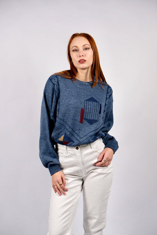 Blau melierter 90s Pullover mit Wollanteil, lockerer Schnitt mit Rundhalskragen und geometrischem Muster – unisex tragbar: Herrengröße S/M, für Damen empfehlen wir den Pullover einer M bis L je nach gewünschter Passform (bitte Maße beachten)