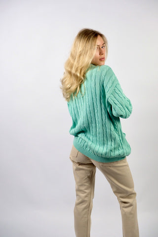 80s Zopfstrick Cardigan in Türkis mit tollen silbernen Knöpfen und aufgesetzten Taschen – Größe M – made in Italy
