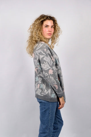 80s/90s Cardigan mit floralem Crazy Pattern in Grautönen, Mint/Türkis, Rosa sowie mit dezenten Glitzerfäden – wir empfehlen die Strickjacke einer heutigen S bis M