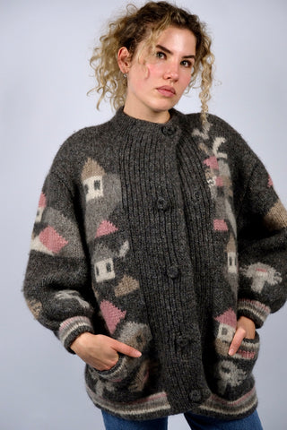 Atemberaubende 80s/90s Wolljacke in lockerem Schnitt mit Ballonärmeln, Taschen und süßem Landschaftsmuster in tollen Farben (Graubraun/Taupe, Greige, Creme, Beige/Hellbraun und Rosa) – ca. tragbar von einer XS bis M je nach gewünschter Passform und ein absolutes Highlight