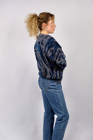 Melierter 80s/90s Cardigan mit Crazy Pattern in Blautönen, entspricht ca. einer heutigen S/M und unisex tragbar