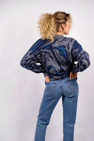Melierter 80s/90s Cardigan mit Crazy Pattern in Blautönen, entspricht ca. einer heutigen S/M und unisex tragbar