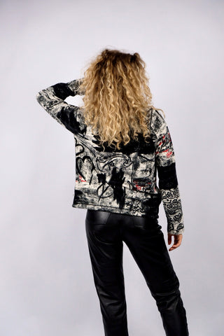 90s/00s Fleecejacke mit Double Zipper, Stehkragen und Crazy Pattern Print in Schwarz, Creme und Rot – entspricht ca. einer S/M