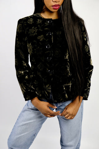 Schwarzer, hochwertiger 80s/90s Blazer aus supersoftem Samt (Viskose und Seide) mit floralem Muster in Graugrün – elegant-femininer Schnitt mit leichten Schulterpolstern, tragbar von einer XS bis S und ein absolutes Highlight