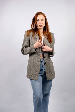 Braun melierter 90s Blazer von Weekend by Basler mit Taschen und Kunstlederkragen – Größe M, tragbar von S bis M je nach gewünschter Passform und ein absolutes Highlight