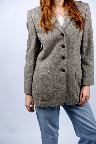 Braun melierter 90s Blazer von Weekend by Basler mit Taschen und Kunstlederkragen – Größe M, tragbar von S bis M je nach gewünschter Passform und ein absolutes Highlight