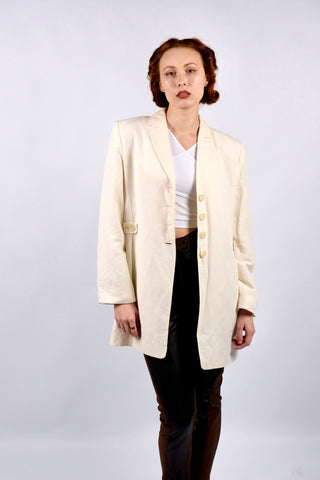 cremefarbener 90s Blazer aus Leinen und Viskose in tollem Schnitt mit seitlichen Eingrifftaschen – ein minimalistisches und hochwertiges Highlight in Größe XL