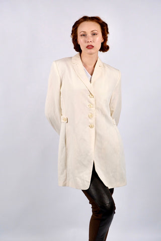 cremefarbener 90s Blazer aus Leinen und Viskose in tollem Schnitt mit seitlichen Eingrifftaschen – ein minimalistisches und hochwertiges Highlight in Größe XL