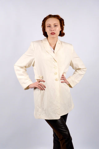 cremefarbener 90s Blazer aus Leinen und Viskose in tollem Schnitt mit seitlichen Eingrifftaschen – ein minimalistisches und hochwertiges Highlight in Größe XL