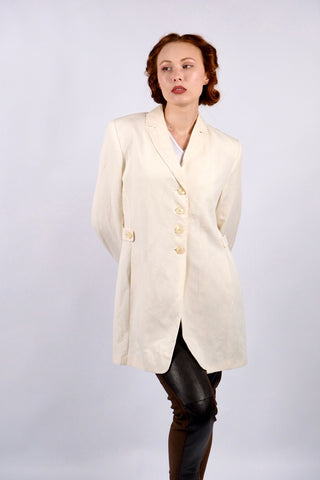 cremefarbener 90s Blazer aus Leinen und Viskose in tollem Schnitt mit seitlichen Eingrifftaschen – ein minimalistisches und hochwertiges Highlight in Größe XL