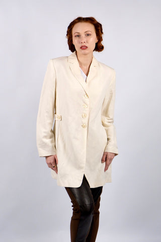 cremefarbener 90s Blazer aus Leinen und Viskose in tollem Schnitt mit seitlichen Eingrifftaschen – ein minimalistisches und hochwertiges Highlight in Größe XL