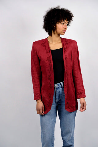 hochwertiger 90s Blazer made in Italy aus 100% Leinen in gedecktem Rot – offener Schnitt mit hübschen Stickereien – ein absolutes Highlight in Größe M