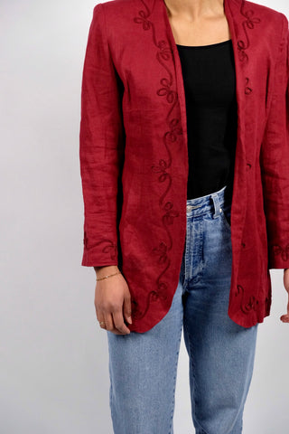 hochwertiger 90s Blazer made in Italy aus 100% Leinen in gedecktem Rot – offener Schnitt mit hübschen Stickereien – ein absolutes Highlight in Größe M