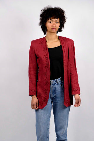 hochwertiger 90s Blazer made in Italy aus 100% Leinen in gedecktem Rot – offener Schnitt mit hübschen Stickereien – ein absolutes Highlight in Größe M