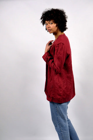 hochwertiger 90s Blazer made in Italy aus 100% Leinen in gedecktem Rot – offener Schnitt mit hübschen Stickereien – ein absolutes Highlight in Größe M