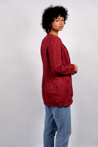 hochwertiger 90s Blazer made in Italy aus 100% Leinen in gedecktem Rot – offener Schnitt mit hübschen Stickereien – ein absolutes Highlight in Größe M