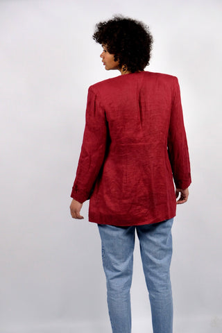 hochwertiger 90s Blazer made in Italy aus 100% Leinen in gedecktem Rot – offener Schnitt mit hübschen Stickereien – ein absolutes Highlight in Größe M