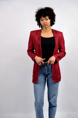 hochwertiger 90s Blazer made in Italy aus 100% Leinen in gedecktem Rot – offener Schnitt mit hübschen Stickereien – ein absolutes Highlight in Größe M