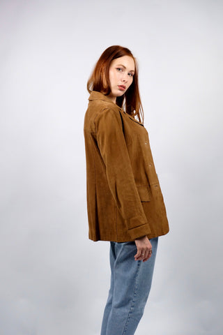 Cognacbraune, leichte 90s Blazer-Jacke aus echtem, butterweichem Veloursleder mit tollen Nähten im Western-Stil; femininer Schnitt mit Taschen – Größe S und ein absolutes Highlight