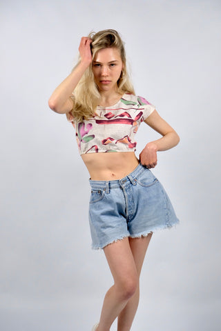 Bauchfreies 80s Shirt aus Baumwolle mit Stretch-Anteil und Gummizugbündchen – Creme/Grau meliert und toller Crazy Pattern Print in Rosa, Weinrot/Beere, Pink/Koralle, Hellgrün und Orange – ideal für eine heutige XS und ein absolutes Highlight