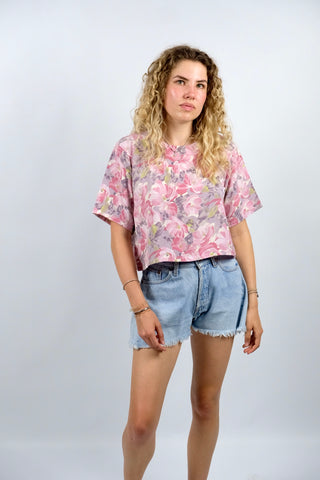 Vintage 80s/90s Blumen Print Crop Shirt-Bluse - XS