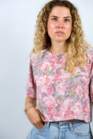 Vintage 80s/90s Blumen Print Crop Shirt-Bluse - XS