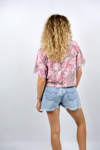 Vintage 80s/90s Blumen Print Crop Shirt-Bluse - XS