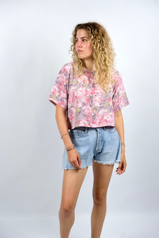 Vintage 80s/90s Blumen Print Crop Shirt-Bluse - XS