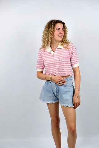 Vintage 80s Baumwolle Mix Streifen Crop Poloshirt - XS