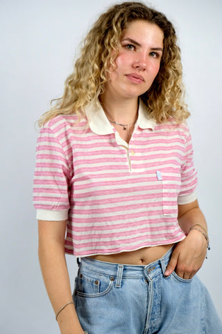 Vintage 80s Baumwolle Mix Streifen Crop Poloshirt - XS