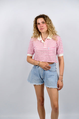 Vintage 80s Baumwolle Mix Streifen Crop Poloshirt - XS