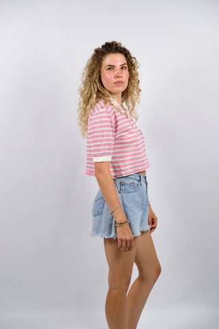 Vintage 80s Baumwolle Mix Streifen Crop Poloshirt - XS